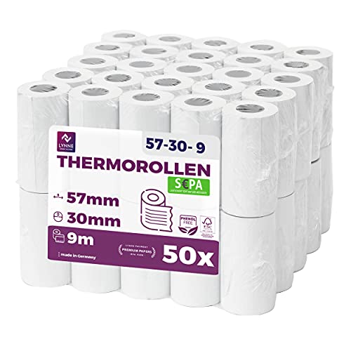 Ec-Cash Thermorollen 57mm x 9m x 12mm - Kassenrollen - Thermopapier - Bonrollen für Bankomat - Kredit-Kartenlesegeräte (57x30x12) - mit SEPA-Lastschrifttext (50 Rollen)