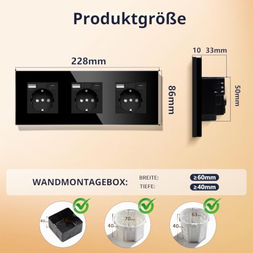 BSEED USB Steckdose Tripel Schwarz Schuko Wandsteckdose mit USB Anschluss (Max. 2.1A) Typ C Port Unterputz Steckdose Glas Ladegerät für… – Ansicht 2