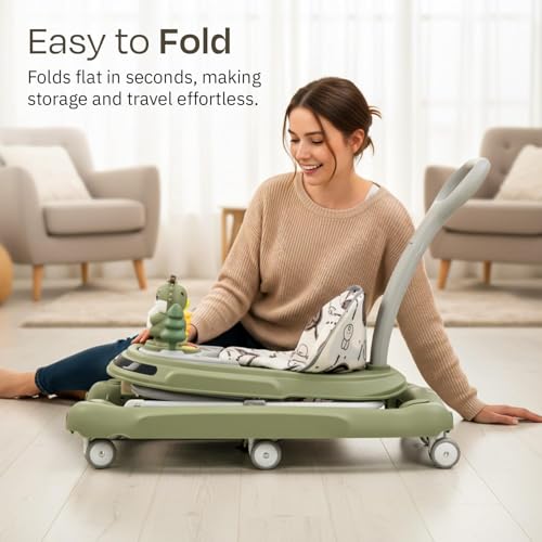Image of Baybee 3-in-1 Convertible Baby Walker for 6-18 Months with Rocking Mode, Removable Toy Bar, Inbuilt Music, 3-Level Height Adjustment, Smooth Wheels & Parental Handle | Foldable Infant Activity Walker with Cushioned Seat (Green)