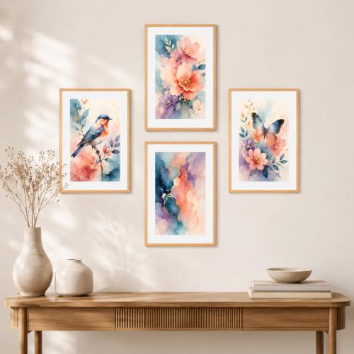 Image of Livin'luxe Set of 4 Watercolor Floral Bird & Butterfly Wall Paintings with Sparkle Laminate and Premium Wooden Synthetic Frame for Living Room Bedroom Office Decor (13.5 x 19.5 Inch)