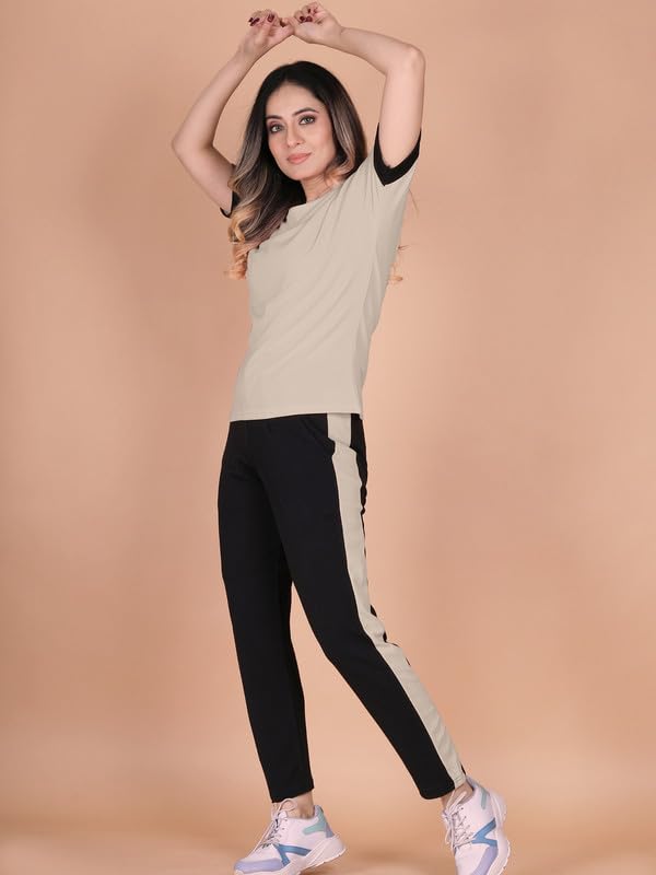 Image of DTR FASHION Polyester Blend Shoulder Stripes Tracksuit | Night Wear Suit For Women