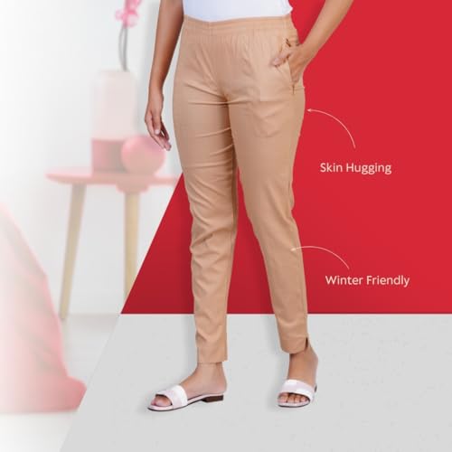 Image of Happy Bunny Cotton Blend Lycra Kurti Pants for Women, Soft 30% Stretch Full Length Trousers with Elastic Waist & Zip Pocket, Ideal for Office, Work, Casual, Home Wear Breathable Slim Fit
