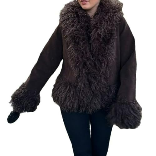 Brown Jacket Notch Collar Faux Fur Patchwork Button Down Oversized Long Sleeve Streetwear Casual Jacket
