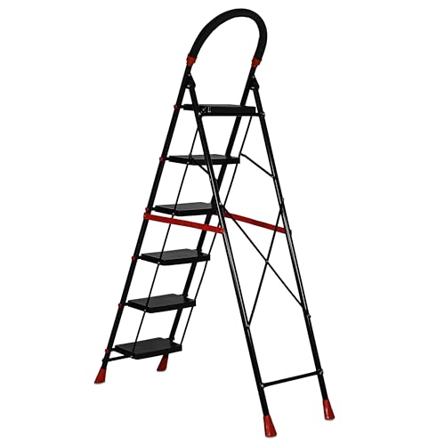 Image of FLIPZON Halo Foldable 6 Step Ladder for Home and Office Use | Alloy Steel | Wide Steps | Wobble-Free | Skid-Free Steps | Durable Safety Ladder | Rust Free | Anti-Skid (Black)