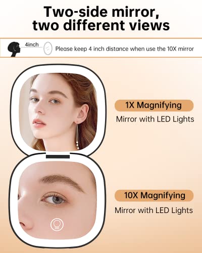 Gospire Rechargeable Travel Makeup Mirror With Lights And Magnification 1X/10X, Led Compact Mirror With 3 Light Colors & Adjustable Brightness, Small Vanity Mirror Handheld For Purses – Black #TOP1