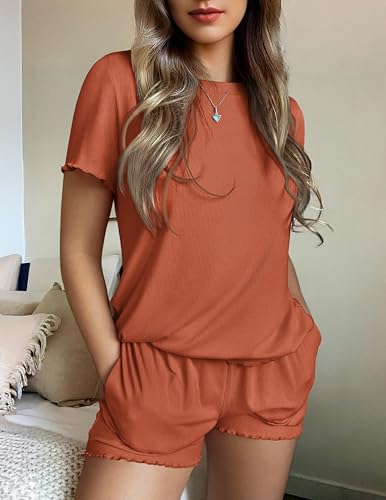 Image of Ekouaer Womens Pajamas 2 Piece Ribbed Knit Pjs Short Sleeve Sleepwear Set Summer Soft Pajamas Set Casual Lounge Sets
