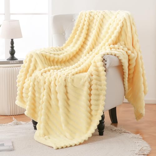 Bnuitland Super Soft Flannel Throw Blanket, 3D Striped Jacquard Fluffy Blanket for Bed,Sofa,Couch,Home Decor, 300GSM Fleece Lightweight Cozy Throw for Adults and Kids, 50X70 inches Light Yellow