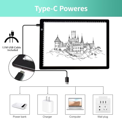 Mesa de luz A4 para dibujo, Mesa de luz de trazado de brillo ajustable de 3 niveles, cable de alimentación USB tipo C Tablero de luz de pintura de diamante LED para vinilo de desherbado - imagen 3