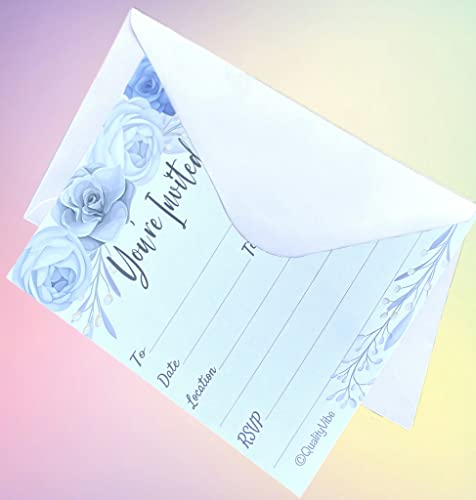 25 Gray & Blue Flower Invitations With Envelopes, Fill In Style You're Invited, Elegant Gray, Blue & White Flowers Theme. For Wedding Invites, Engagement Parties, Birthdays, Baby & Bridal Showers. Thick & Non Coated Cardstock For Use With Any Pen. #TOP1
