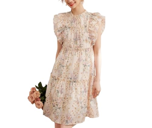 Women Sweet Loose Dress Flying Sleeves Floral Mushroom Edge Nail