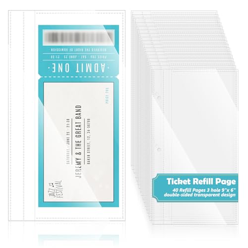 Image of 40 Pages Ticket Stub Holder 3-Hole Ticket Stub Album Refill Page PVC Ticket Refill Sheets Clear Lottery Ticket Holders 8.6 x 4.8 inch Plastic Protective Sleeves for Collectors Travel Tickets (No Book)