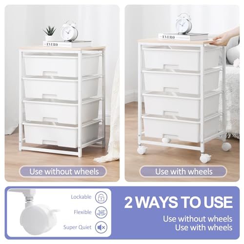 SYKIARIOL Utility Cart with 4 Drawers,Rolling Storage Cart with Drawers,Storage Rolling Drawer Cart with Wooden Tabletop for Bedroom,Kid\'s Room,Dorm,Classroom,Office,White