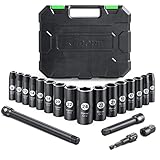 🔩【Kits completos de 19 piezas】: incluyen dados de 8 a 24 mm llave de carraca reversible, las necesidades del trabajo de mantenimiento diario y las ranuras designadas en la caja mantienen cada pieza en su lugar, lo que reduce el desgaste y evita que se redondeen las esquinas, además de una garantía de 24 meses sin complicaciones.