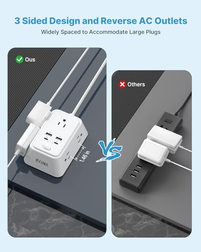 VINTAR Cordon de extensión con enchufe plano 10 pies, extensor multitomas con 2 USB C miniatura 4