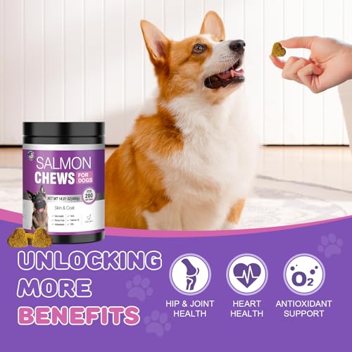 Omega 3 Skin and Coat Supplement for Dogs 200 Chews Dog Fish Oil Supplements with EPA & DHA Fatty Acids Dry Skin Relief for Dogs Shedding Allergy Itching Promotes Heart Hip Joint Health