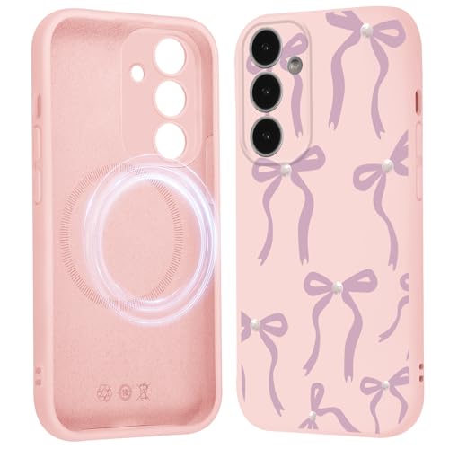 Coque Samsung S24 5G silicone rose avec un joli nœud perlé et système MagSafe