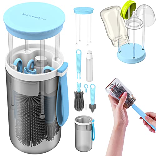 Baby Bottle Brush&Travel Baby Bottle Drying Rack-Portable Baby Bottle Cleaning Silicone Brush, Bottle Cleaner Brush Kit,Toddler Kids Water Bottle Brush Set,New Mom Gifts For Women After Birth (Blue) #TOP6