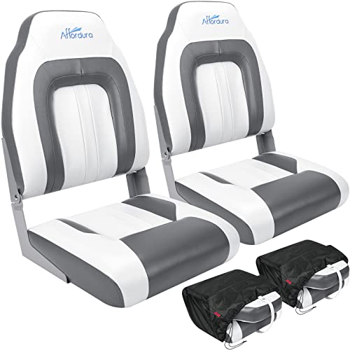 Affordura Boat Seat for Boats with 2 Storage Bags High Back Folding Boat Seat Boat Fold Down Seat (2 Packs) (White&Charcoal)