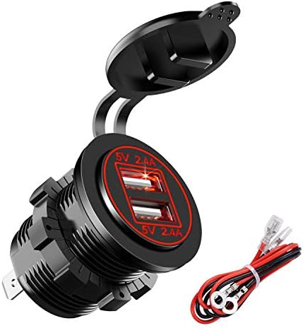 YONHAN 24W Dual USB Charger Socket Power Outlet 2.4A & 2.4A (4.8A) with Wire Fuse DIY Kit for 12V/24V Car Boat Marine Motorcycle Golf Cart and More – Red