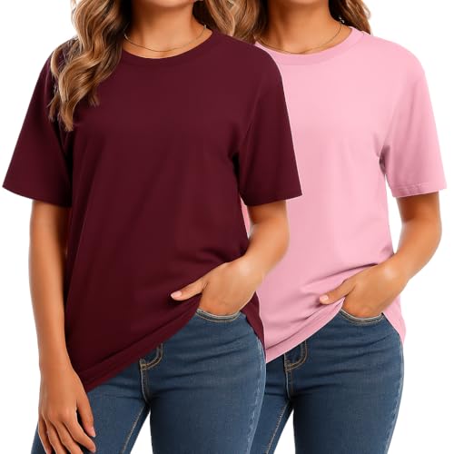 Combed Cotton Summer Tops for Women – Short Sleeve Crewneck T-Shirts, Compact Knit Loose Fit Basic Tees 2 Pack Black White