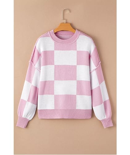 Image of Women's Casual Crew-Neck Long Sleeve Sweater Checkered Pullover Knit Sweaters Jumper Top