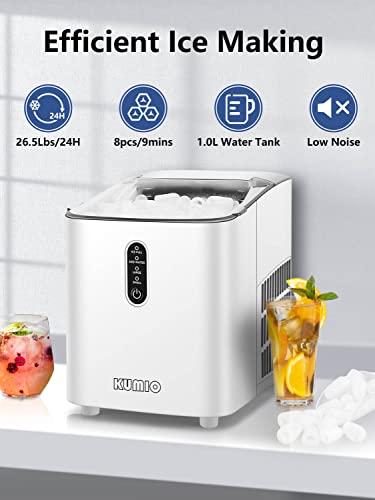 Kumio Ice Makers Countertop, Portable Ice Maker With Self-Cleaning, 8 Cubes/9 Mins, 26.5Lbs/24Hrs, Ice Machine With Scoop And Basket, 2 Sizes Of Bullet Ice For Home Office Bar Party #TOP1