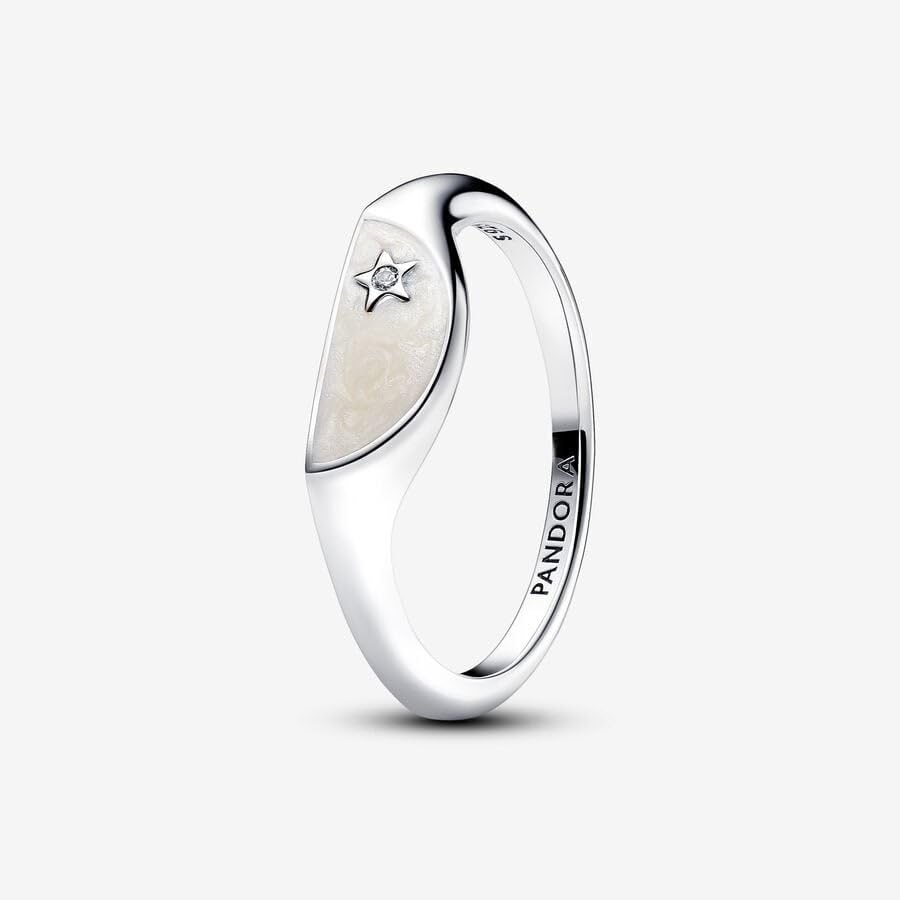 PANDORA ME Anillo de sello dividido de plata de ley con circonita cúbica transparente y esmalte blanco brillante, talla 44