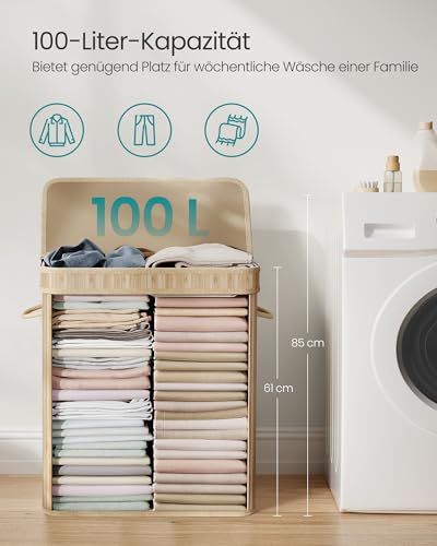 SONGMICS Wäschekorb mit Deckel, Wäschesammler Bambus, Wäschesack herausnehmbar und maschinenwaschbar, mit Griffen, 100 Liter, für Waschküche, Schlafzimmer, Wohnzimmer, naturbeige LCB063N01