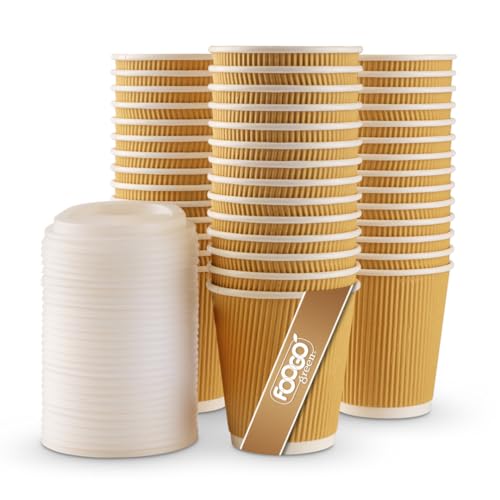 FOOGO Green 25pcs 10oz Disposable Strong Triple-Wall Brown Paper Coffee Cups with Secure Lids, FSC® Certified, Fully Compostable, for Hot Drinks, Takeaway and Parties