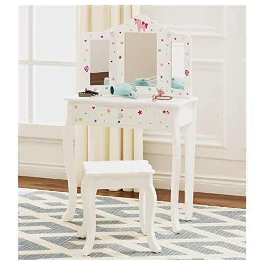 UTEX Pretend Play Kids Vanity Table and Chair Vanity Set with Mirror Makeup Dressing Table with Drawer,Play Vanity Set,White