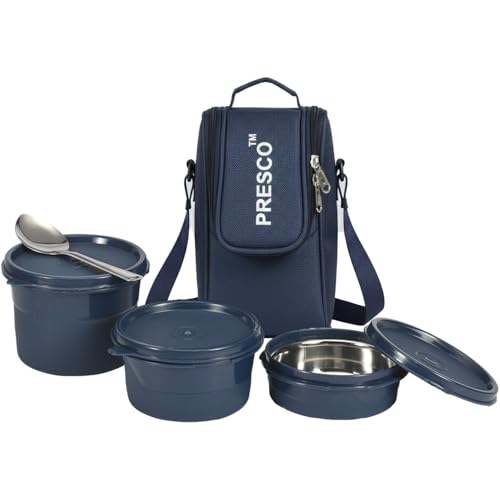 Image of PRESCO Insulated Lunch Box Set (3 Microwave Safe Inner Steel Containers,600 /450 /290ml; with Steel Spoon) with Insulated Fabric Bag, Lunch Box for Office Use, Leak Proof, Tiffin Box for Men