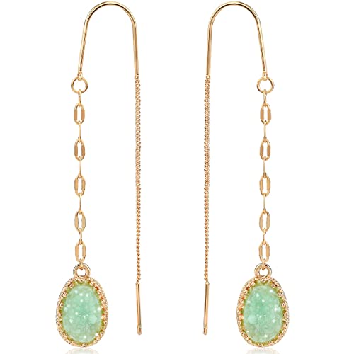 Humble Chic Simulated Druzy Chain Bar Threaders - Boho Long Sparkly Needle Drop Earrings for Women, Gold - Aqua Stone, Simulated Jade, Simulated Aquamarine, Mint Green Seafoam