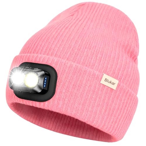 Blukar LED Lumineux Bonnet Chapeau, 2 en 1 Chapeau de Course Lampe Frontale Rechargeable, 5 Modes & Gradation Continue, Angle Adjustable, Hiver Chaud Cadeaux pour Hommes et Femmes-Bandeau Inclus,Rose