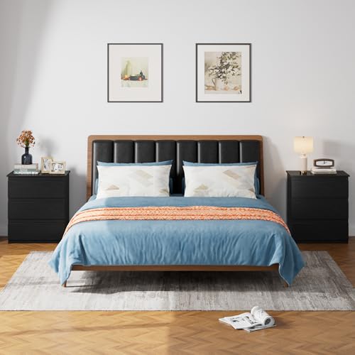 Image of Bamjoy Black Nightstand with 3 Drawers, Beside Table with Drawers for Bedroom, Small Side Table Storage Cabinet 3 Drawer Night Stand for Home Office, 18.0W x 14.0D x 24.8H Inches