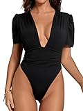 LYANER Women's Sexy Plunging V Neck Ruched Pleated Puff Short Sleeve Bodysuit Leotard Top Black Medium