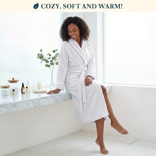Image of PAVILIA Women's Plush Fleece Robe, Soft Cozy Long Bathrobe with Satin Waffle Trim, Warm Lightweight, Pockets & Tie Belt