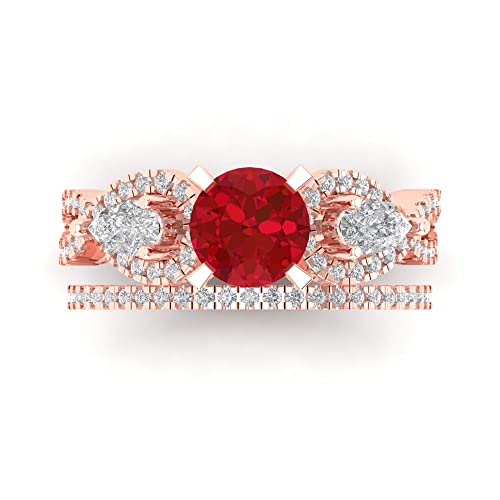 Clara Pucci 1.93 tcw Round Cut Ruby Wedding Ring Set for Women | 14K Rose Gold 2-Piece Womens Anniversary Ring for her, Womens Solid Gold Stackable Eternity Band and Vintage Gold Ring