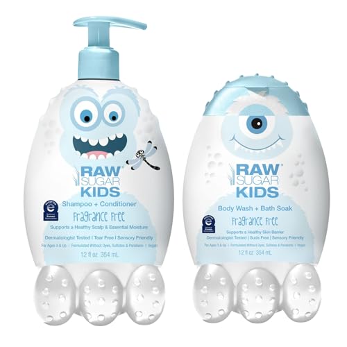 RAW SUGAR Kids Fragrance Free Bath Set, Shampoo & Conditioner + Body Wash & Bath Soak (Fragrance Free)