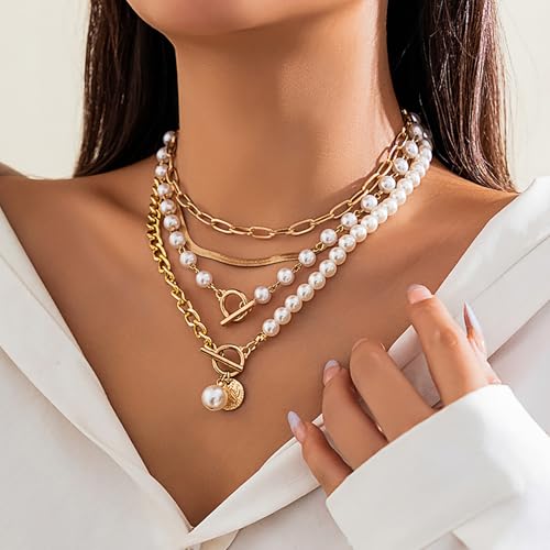 4 Pcs Layered Gold Necklace For Women Trendy Adjustable Chunky Pearl Stacked Choker Necklaces Charm Multilaye Paperclip Chain Necklace Set For Beach Jewelry2