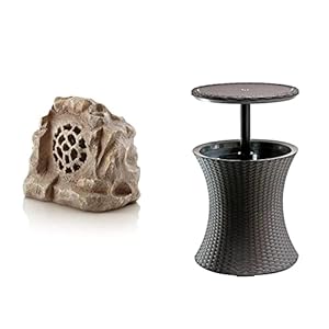 Alpine Corporation Weather-Resistant Bluetooth Solar-Powered Outdoor Wireless Rock Speaker, Brown & Keter Pacific Cool Bar Outdoor Patio Furniture and Hot Tub Side Table