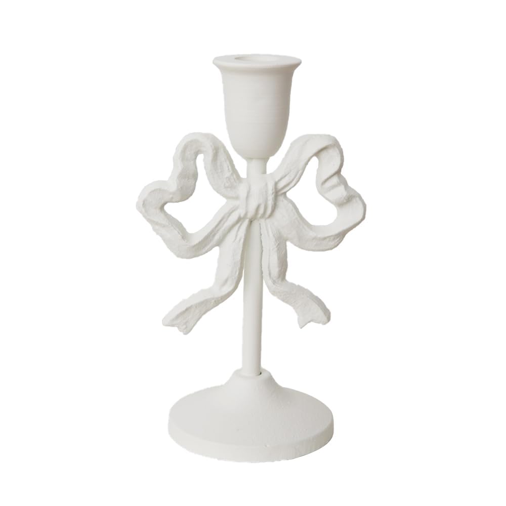 TentHome Pink Bow-Knot Iron Taper Candle Holder Set of 2,Pillar Candle Holders Decorative Candlestick Holder for Home Decor, Wedding, Dinning, Party (White(Small))