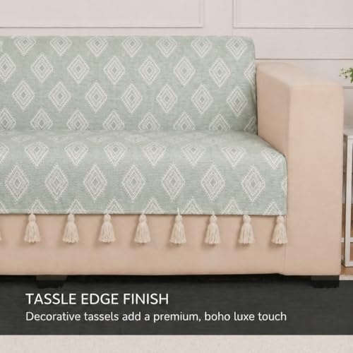 Image of STITCHNEST 'Verdant Rekhika Stories' 2 Seater Sofa Cover - Full Coverage| Elegant Jacquard Fabric, Decorative Tassels, Washable & Durable for Modern Living