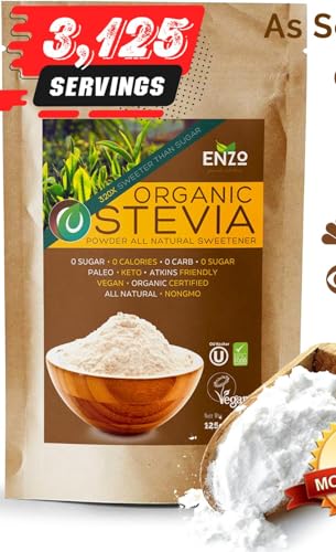 Enzo Organic Stevia Powder 125g (4.4oz / 3125-Servings) - Premium USDA Certified All Natural Alternative-Sweetener 320x Sugar Free Non-GMO 0 Calories Vegan No Aftertaste Kosher