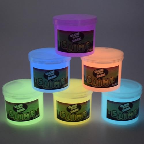 Glow in The Dark Slime Kit 6 Pack, Neon Blue, Green, Pink, Yellow Colors, Non Sticky, Glowing Galaxy Slime Kit for Kids, Kids Party Favors, Goody Bag Fillers, Stress Relief Toys, Holiday Supplies