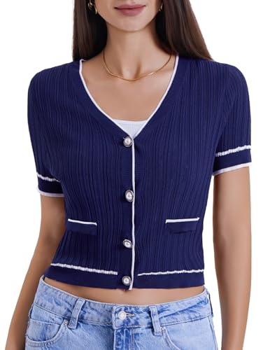 DRESSTELLS Women Cardigan Sweater Summer 2025, V Neck Lightweight Button Down Shirt, Ribbed Cropped Casual Top