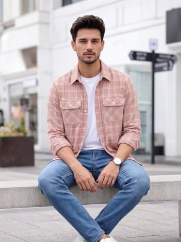 Image of Amazon Brand - INKAST Men's Cotton Blend Button Down Shirt || Long Sleeve Casual Flannel Check Shirt || Soft Breathable Lightweight Collared Shirts with Two Flap Chest Pockets || Stylish Everyday Wear