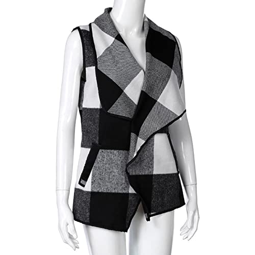 Niaiocti Womens Vest Plaid Sleeveless Lapel Open Front Cardigan Sherpa Jacket Autumn And Winter Warm Coat With Pockets, 004-Black, X-Large #TOP5