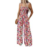 Generisch Jumpsuit Damen Sommer Lässiger Lockerer Werkzeugbau Jumpsuit mit Armelloser Bedruckter Hose mit Weitem Bein mit Taschen (Rot, XL)