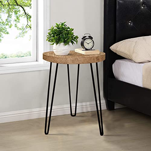 Botalegre Old Elm End Table, Round Side Table, Rustic Nightstand, Snack Table W/3 Metal Legs #TOP4