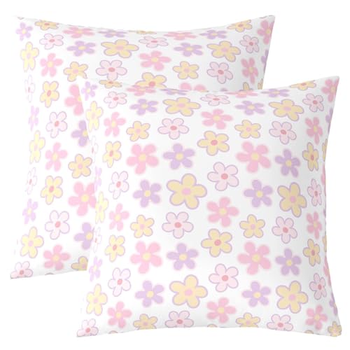 Manfei Cute Flower Kids Throw Pillow Cover,Cartoon Colorful Floral Pillow Case,Watercolor Botanical GardenBed Couch Sofa Cushion Cover,Pink Purple Home Decor,2 Pack 18"x18"